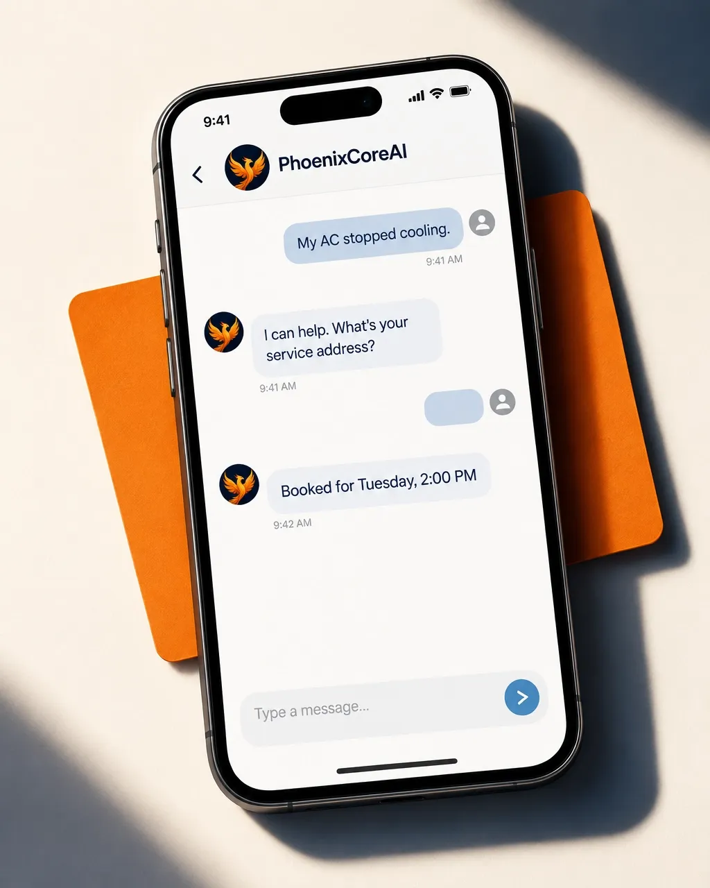 Phone showing a PhoenixCoreAI SMS conversation and confirmed appointment