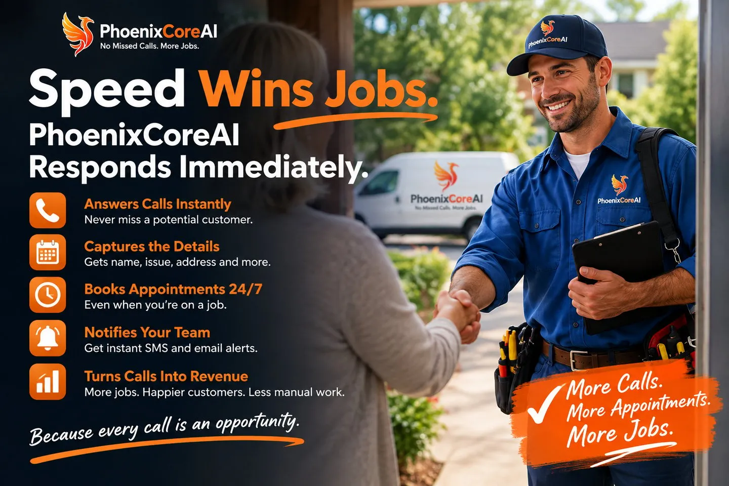 PhoenixCoreAI home-service professional helping a customer with a call
